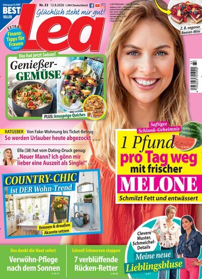 Titelbild der Ausgabe 33/2026 von Lea. Diese Zeitschrift und viele weitere Frauenzeitschriften als Abo oder epaper bei United Kiosk online kaufen.