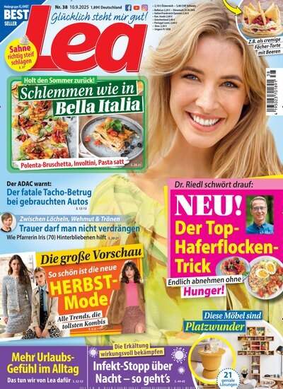 Titelbild der Ausgabe 38/2025 von Lea. Diese Zeitschrift und viele weitere Frauenzeitschriften als Abo oder epaper bei United Kiosk online kaufen.
