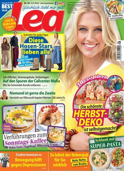 Titelbild der Ausgabe 38/2026 von Lea. Diese Zeitschrift und viele weitere Frauenzeitschriften als Abo oder epaper bei United Kiosk online kaufen.