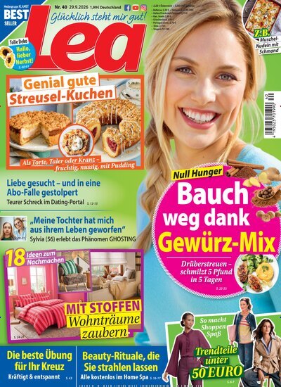Titelbild der Ausgabe 40/2026 von Lea. Diese Zeitschrift und viele weitere Frauenzeitschriften als Abo oder epaper bei United Kiosk online kaufen.