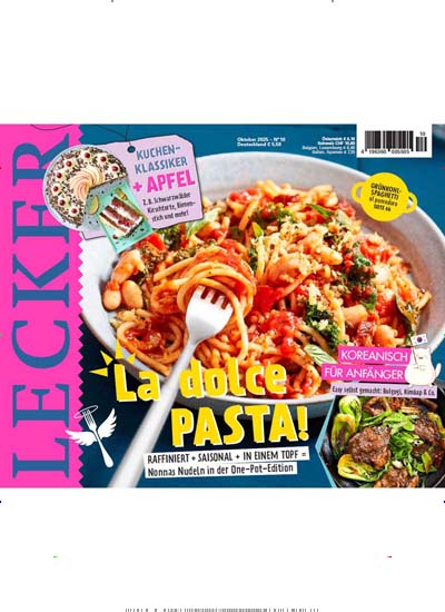 Titelbild der Ausgabe 10/2025 von Lecker. Diese Zeitschrift und viele weitere Kochzeitschriften und Backzeitschriften als Abo oder epaper bei United Kiosk online kaufen.