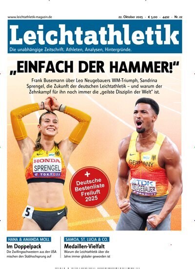 Titelbild der Ausgabe 22/2025 von Leichtathletik. Diese Zeitschrift und viele weitere Sportmagazine als Abo oder epaper bei United Kiosk online kaufen.