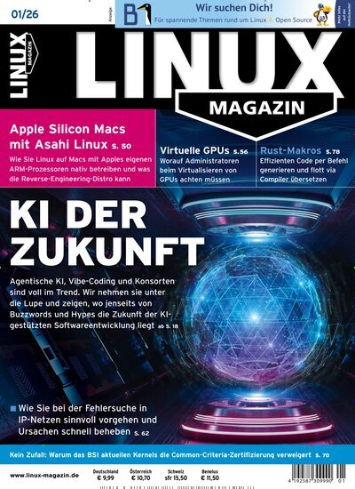 Titelbild der Ausgabe 1/2026 von Linux Magazin. Diese Zeitschrift und viele weitere Computerzeitschriften, Tabletmagazine und Smartphonemagazine als Abo oder epaper bei United Kiosk online kaufen.