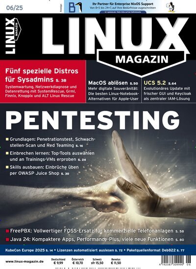 Titelbild der Ausgabe 6/2025 von Linux Magazin. Diese Zeitschrift und viele weitere Computerzeitschriften, Tabletmagazine und Smartphonemagazine als Abo oder epaper bei United Kiosk online kaufen.