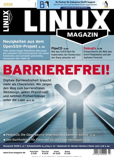 Titelbild der Ausgabe 7/2025 von Linux Magazin. Diese Zeitschrift und viele weitere Computerzeitschriften, Tabletmagazine und Smartphonemagazine als Abo oder epaper bei United Kiosk online kaufen.