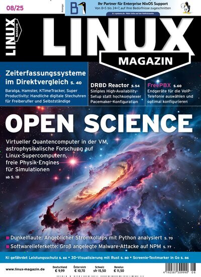 Titelbild der Ausgabe 8/2025 von Linux Magazin. Diese Zeitschrift und viele weitere Computerzeitschriften, Tabletmagazine und Smartphonemagazine als Abo oder epaper bei United Kiosk online kaufen.
