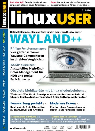 Titelbild der Ausgabe 1/2026 von LinuxUser. Diese Zeitschrift und viele weitere Computerzeitschriften, Tabletmagazine und Smartphonemagazine als Abo oder epaper bei United Kiosk online kaufen.