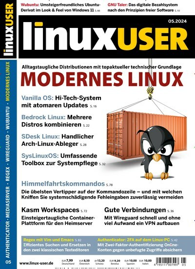 Titelbild der Ausgabe 5/2024 von LinuxUser. Diese Zeitschrift und viele weitere Computerzeitschriften, Tabletmagazine und Smartphonemagazine als Abo oder epaper bei United Kiosk online kaufen.