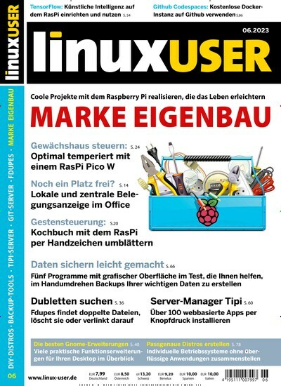 Titelbild der Ausgabe 6/2023 von LinuxUser. Diese Zeitschrift und viele weitere Computerzeitschriften, Tabletmagazine und Smartphonemagazine als Abo oder epaper bei United Kiosk online kaufen.