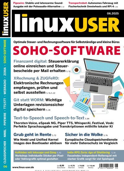 Titelbild der Ausgabe 6/2025 von LinuxUser. Diese Zeitschrift und viele weitere Computerzeitschriften, Tabletmagazine und Smartphonemagazine als Abo oder epaper bei United Kiosk online kaufen.