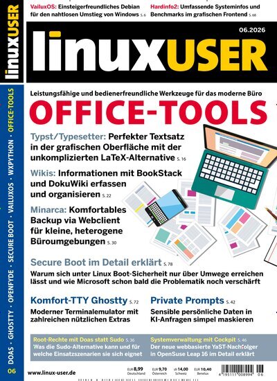 Titelbild der Ausgabe 6/2026 von LinuxUser. Diese Zeitschrift und viele weitere Computerzeitschriften, Tabletmagazine und Smartphonemagazine als Abo oder epaper bei United Kiosk online kaufen.