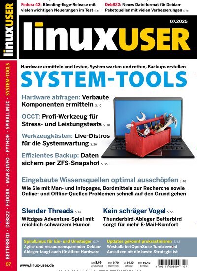 Titelbild der Ausgabe 7/2025 von LinuxUser. Diese Zeitschrift und viele weitere Computerzeitschriften, Tabletmagazine und Smartphonemagazine als Abo oder epaper bei United Kiosk online kaufen.