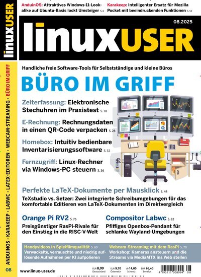 Titelbild der Ausgabe 8/2025 von LinuxUser. Diese Zeitschrift und viele weitere Computerzeitschriften, Tabletmagazine und Smartphonemagazine als Abo oder epaper bei United Kiosk online kaufen.