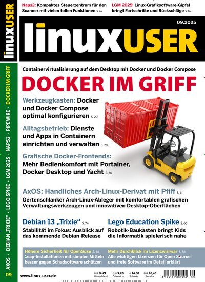 Titelbild der Ausgabe 9/2025 von LinuxUser. Diese Zeitschrift und viele weitere Computerzeitschriften, Tabletmagazine und Smartphonemagazine als Abo oder epaper bei United Kiosk online kaufen.