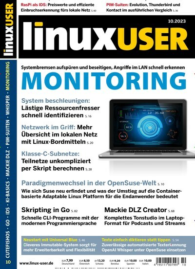 Titelbild der Ausgabe 10/2023 von LinuxUser. Diese Zeitschrift und viele weitere Computerzeitschriften, Tabletmagazine und Smartphonemagazine als Abo oder epaper bei United Kiosk online kaufen.
