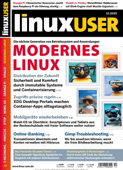 Titelbild der Ausgabe 12/2025 von LinuxUser. Diese Zeitschrift und viele weitere Computerzeitschriften, Tabletmagazine und Smartphonemagazine als Abo oder epaper bei United Kiosk online kaufen.