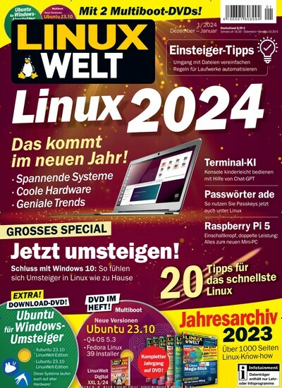 Titelbild der Ausgabe 1/2024 von LinuxWelt. Diese Zeitschrift und viele weitere Computerzeitschriften, Tabletmagazine und Smartphonemagazine als Abo oder epaper bei United Kiosk online kaufen.