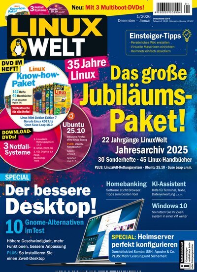 Titelbild der Ausgabe 1/2026 von LinuxWelt. Diese Zeitschrift und viele weitere Computerzeitschriften, Tabletmagazine und Smartphonemagazine als Abo oder epaper bei United Kiosk online kaufen.