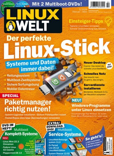 Titelbild der Ausgabe 2/2026 von LinuxWelt. Diese Zeitschrift und viele weitere Computerzeitschriften, Tabletmagazine und Smartphonemagazine als Abo oder epaper bei United Kiosk online kaufen.