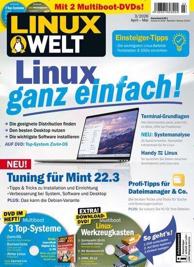 Titelbild der Ausgabe 3/2026 von LinuxWelt. Diese Zeitschrift und viele weitere Computerzeitschriften, Tabletmagazine und Smartphonemagazine als Abo oder epaper bei United Kiosk online kaufen.