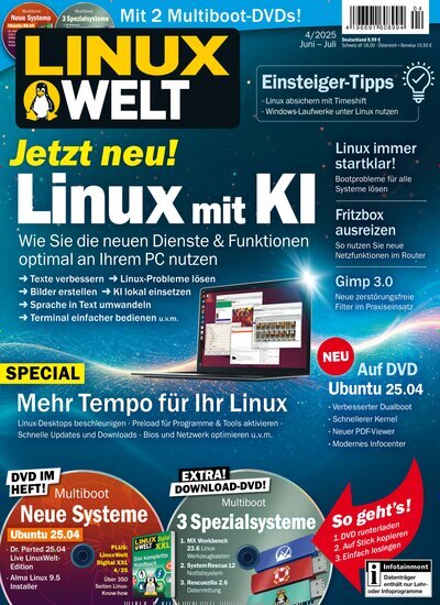 Titelbild der Ausgabe 4/2025 von LinuxWelt. Diese Zeitschrift und viele weitere Computerzeitschriften, Tabletmagazine und Smartphonemagazine als Abo oder epaper bei United Kiosk online kaufen.