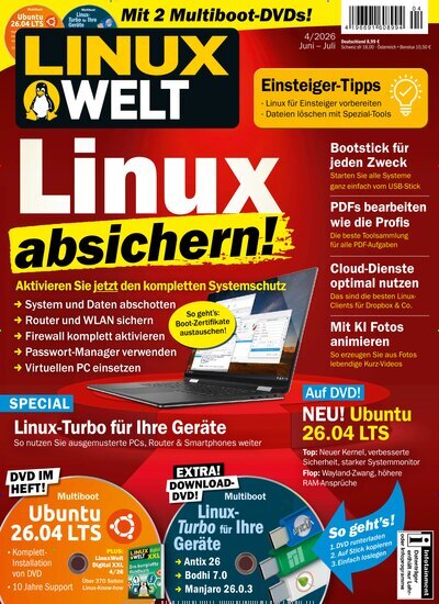 Titelbild der Ausgabe 4/2026 von LinuxWelt. Diese Zeitschrift und viele weitere Computerzeitschriften, Tabletmagazine und Smartphonemagazine als Abo oder epaper bei United Kiosk online kaufen.