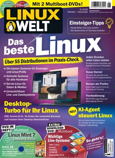 Titelbild der Ausgabe 6/2026 von LinuxWelt. Diese Zeitschrift und viele weitere Computerzeitschriften, Tabletmagazine und Smartphonemagazine als Abo oder epaper bei United Kiosk online kaufen.