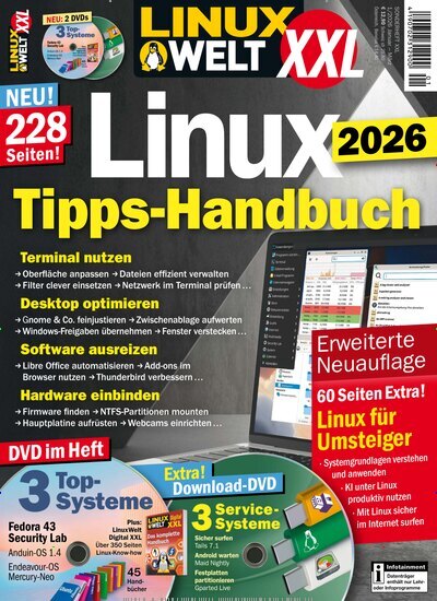 Titelbild der Ausgabe 1/2026 von LinuxWelt XXL. Diese Zeitschrift und viele weitere Audiomagazine, Filmmagazine und Fotozeitschriften als Abo oder epaper bei United Kiosk online kaufen.