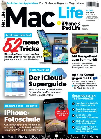 Titelbild der Ausgabe 9/2025 von Mac Life. Diese Zeitschrift und viele weitere Computerzeitschriften, Tabletmagazine und Smartphonemagazine als Abo oder epaper bei United Kiosk online kaufen.