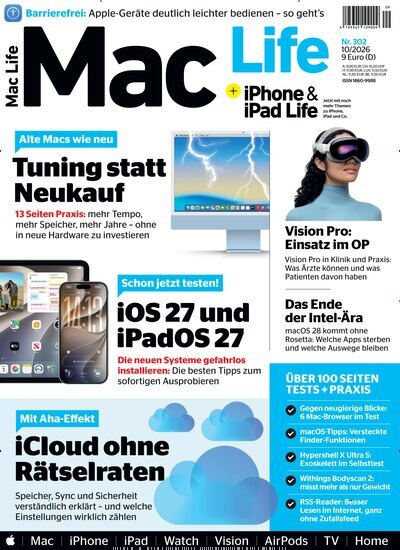 Titelbild der Ausgabe 10/2026 von Mac Life. Diese Zeitschrift und viele weitere Computerzeitschriften, Tabletmagazine und Smartphonemagazine als Abo oder epaper bei United Kiosk online kaufen.