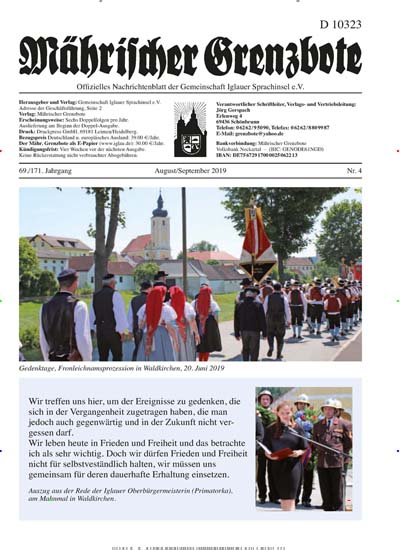 Titelbild der Ausgabe 4/2019 von Mährischer Grenzbote. Diese Zeitschrift und viele weitere Kunstmagazine und Kulturmagazine als Abo oder epaper bei United Kiosk online kaufen.