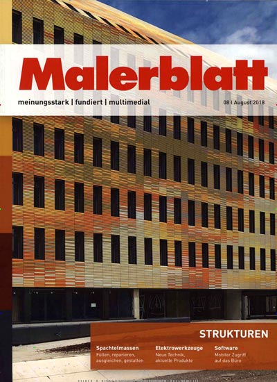 Malerblatt aktuelles Titelbild Ausgabe 8/2018 Aktuelles Titelbild von Malerblatt. In der Ausgabe 8/2018 geht es um die Themen: Strukturen. Lesen Sie gerne Architekturzeitschriften und Bauzeitschriften? Dann empfehlen wir Ihnen Malerblatt als Abo oder Geschenkabo.