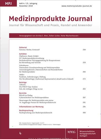 Titelbild der Ausgabe 4/2018 von Medizinprodukte Journal. Diese Zeitschrift und viele weitere Pflegezeitschriften und medizinische Fachzeitschriften als Abo oder epaper bei United Kiosk online kaufen.