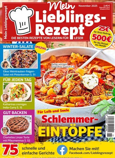 Titelbild der Ausgabe 11/2025 von Mein Lieblings-Rezept. Diese Zeitschrift und viele weitere Kochzeitschriften und Backzeitschriften als Abo oder epaper bei United Kiosk online kaufen.