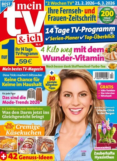 Titelbild der Ausgabe 4/2026 von Mein TV & ich. Diese Zeitschrift und viele weitere Programmzeitschriften als Abo oder epaper bei United Kiosk online kaufen.