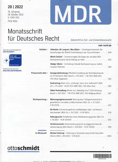 Titelbild der Ausgabe 21/2022 von Monatsschrift für Deutsches Recht (MDR). Diese Zeitschrift und viele weitere Jurazeitschriften und Zeitschriften für Verwaltung als Abo oder epaper bei United Kiosk online kaufen.