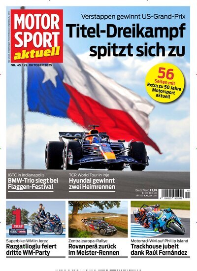 Titelbild der Ausgabe 45/2025 von Motor Sport aktuell. Diese Zeitschrift und viele weitere Automagazine und Motorradzeitschriften als Abo oder epaper bei United Kiosk online kaufen.
