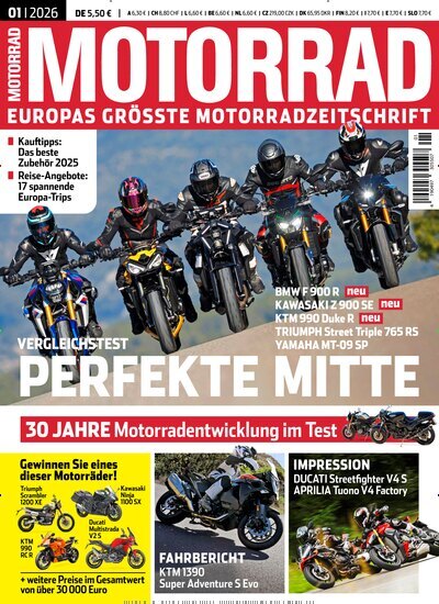 Titelbild der Ausgabe 1/2026 von Motorrad. Diese Zeitschrift und viele weitere Automagazine und Motorradzeitschriften als Abo oder epaper bei United Kiosk online kaufen.