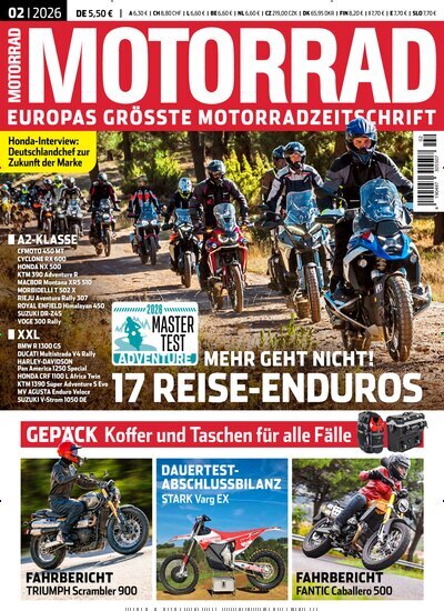 Titelbild der Ausgabe 2/2026 von Motorrad. Diese Zeitschrift und viele weitere Automagazine und Motorradzeitschriften als Abo oder epaper bei United Kiosk online kaufen.