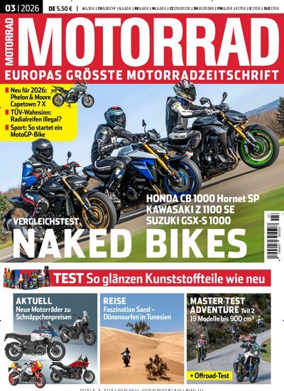 Titelbild der Ausgabe 3/2026 von Motorrad. Diese Zeitschrift und viele weitere Automagazine und Motorradzeitschriften als Abo oder epaper bei United Kiosk online kaufen.