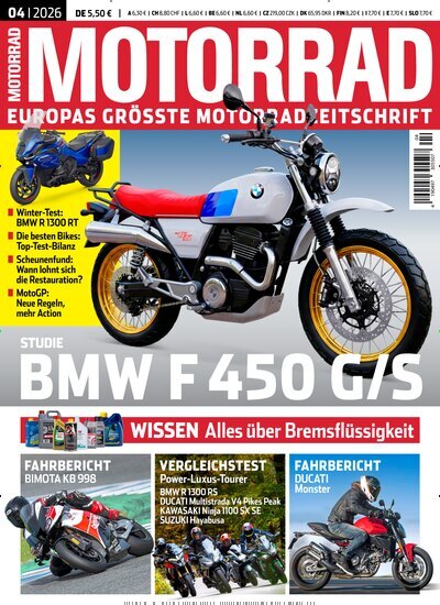 Titelbild der Ausgabe 4/2026 von Motorrad. Diese Zeitschrift und viele weitere Automagazine und Motorradzeitschriften als Abo oder epaper bei United Kiosk online kaufen.