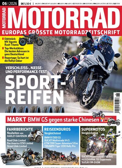 Titelbild der Ausgabe 6/2026 von Motorrad. Diese Zeitschrift und viele weitere Automagazine und Motorradzeitschriften als Abo oder epaper bei United Kiosk online kaufen.