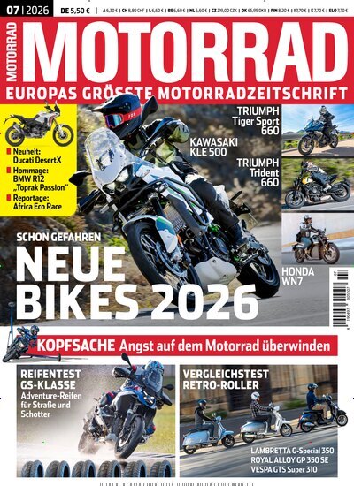 Titelbild der Ausgabe 7/2026 von Motorrad. Diese Zeitschrift und viele weitere Automagazine und Motorradzeitschriften als Abo oder epaper bei United Kiosk online kaufen.
