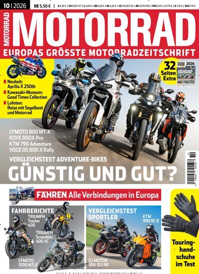 Titelbild der Ausgabe 10/2026 von Motorrad. Diese Zeitschrift und viele weitere Automagazine und Motorradzeitschriften als Abo oder epaper bei United Kiosk online kaufen.