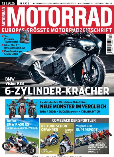 Titelbild der Ausgabe 12/2026 von Motorrad. Diese Zeitschrift und viele weitere Automagazine und Motorradzeitschriften als Abo oder epaper bei United Kiosk online kaufen.