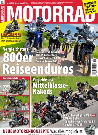 Titelbild der Ausgabe 13/2025 von Motorrad. Diese Zeitschrift und viele weitere Automagazine und Motorradzeitschriften als Abo oder epaper bei United Kiosk online kaufen.