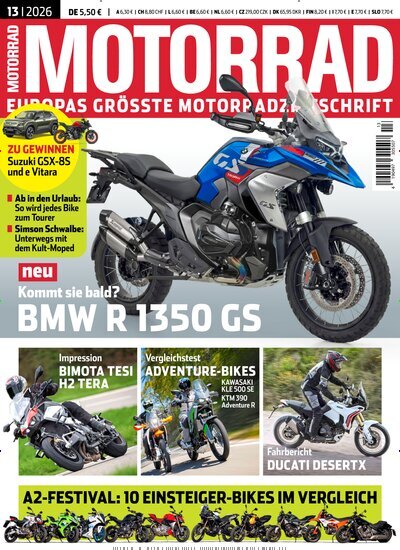 Titelbild der Ausgabe 13/2026 von Motorrad. Diese Zeitschrift und viele weitere Automagazine und Motorradzeitschriften als Abo oder epaper bei United Kiosk online kaufen.