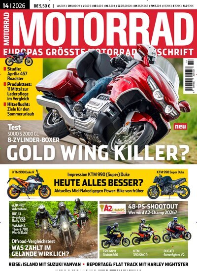 Titelbild der Ausgabe 14/2026 von Motorrad. Diese Zeitschrift und viele weitere Automagazine und Motorradzeitschriften als Abo oder epaper bei United Kiosk online kaufen.