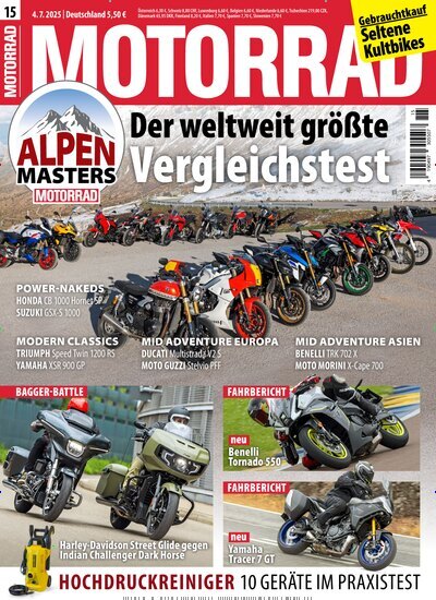Titelbild der Ausgabe 15/2025 von Motorrad. Diese Zeitschrift und viele weitere Automagazine und Motorradzeitschriften als Abo oder epaper bei United Kiosk online kaufen.