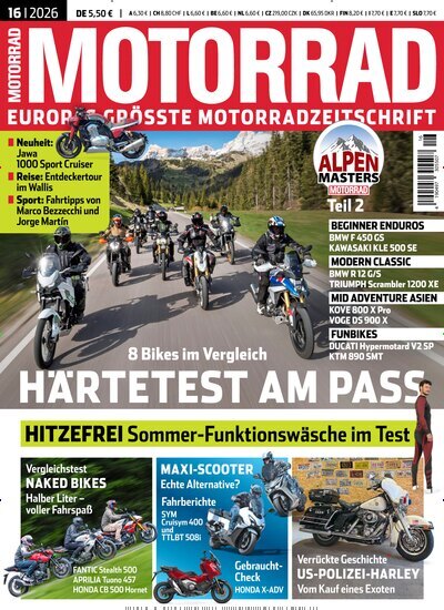 Titelbild der Ausgabe 16/2026 von Motorrad. Diese Zeitschrift und viele weitere Automagazine und Motorradzeitschriften als Abo oder epaper bei United Kiosk online kaufen.